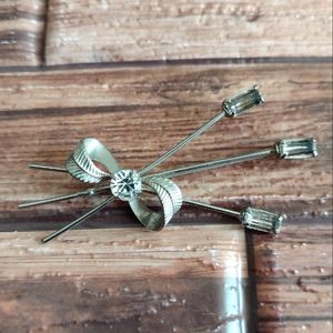 Vintage Art Deco Hair Pin Silver Tone w/ Clear Rhinestones Barrette